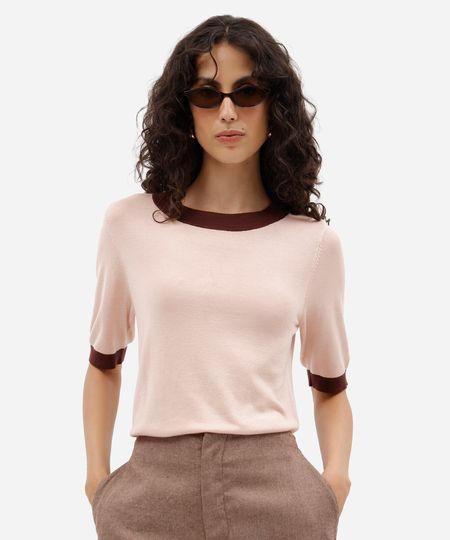 blusa feminina de tricot manga curta com botões rosa PP