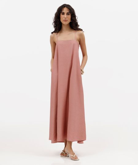 vestido longo alça fina feminino com bolsos texturizado rosa PP
