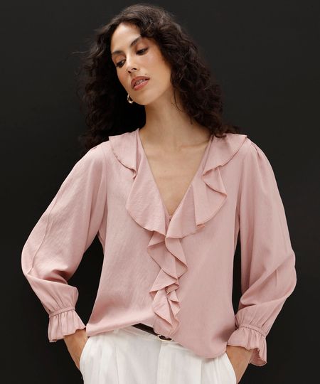 bata feminina com viscose e babados manga longa rosa PP