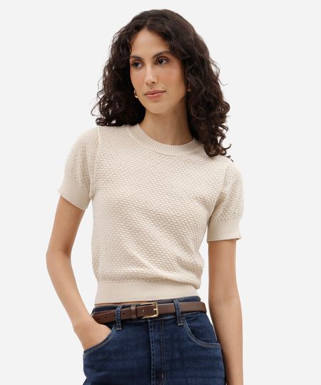 blusa feminina de tricot manga curta texturizada bege PP