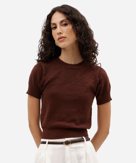 blusa feminina de tricot manga curta texturizada marrom PP