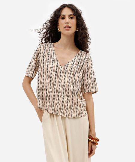 blusa feminina de viscose decote v manga curta étnica bege P