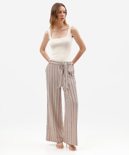 calça pantalona feminina com linho e faixa étnica bege 38