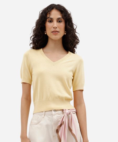 blusa cropped feminina de tricot decote v manga curta amarela M