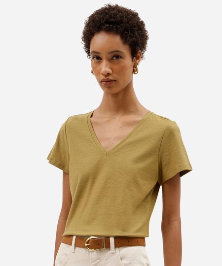 blusa básica feminina de algodão peruano manga curta decote v verde M