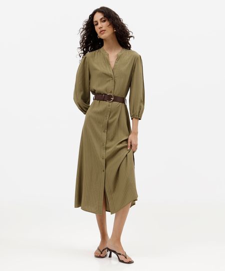 vestido midi chemise feminino de viscose com cinto listrado verde PP