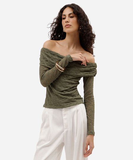 blusa ombro a ombro feminina de renda manga longa verde PP