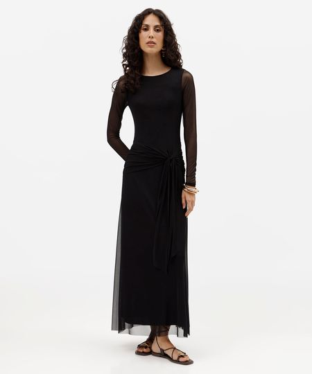 vestido longo feminino de tule manga longa com amarração preto P