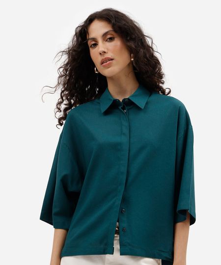 camisa oversized feminina com linho manga curta azul M