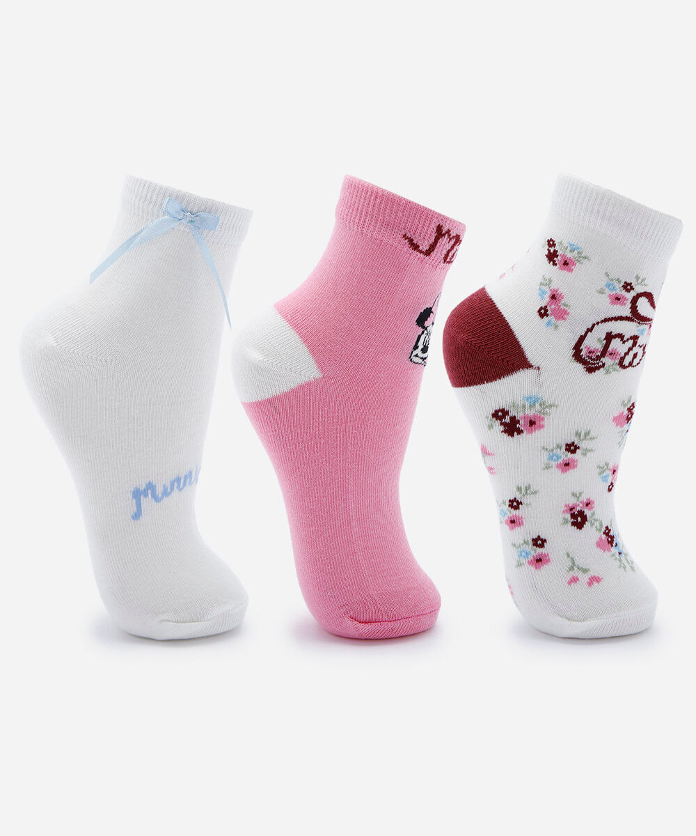 kit 3 pares de meias infantis de algodão minnie colorido