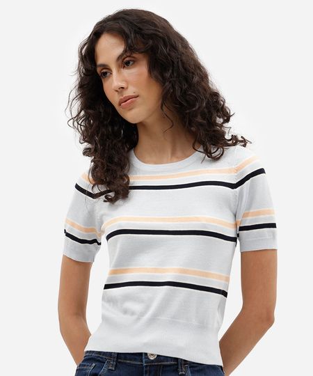 blusa básica feminina de tricot manga curta listrada azul PP