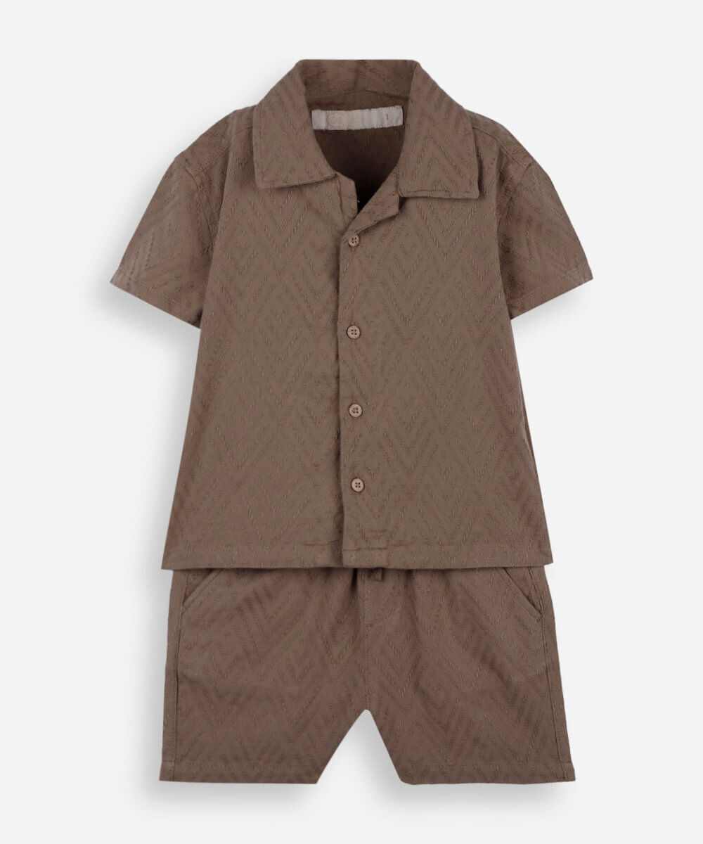 conjunto curto infantil com algodão chevron bege