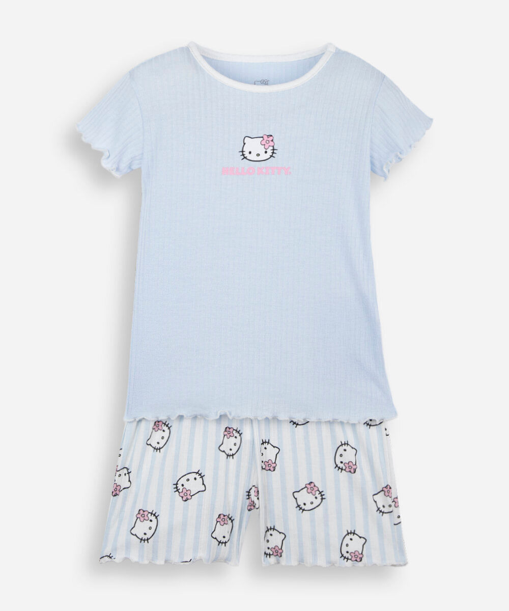 pijama curto infantil com viscose hello kitty canelado azul
