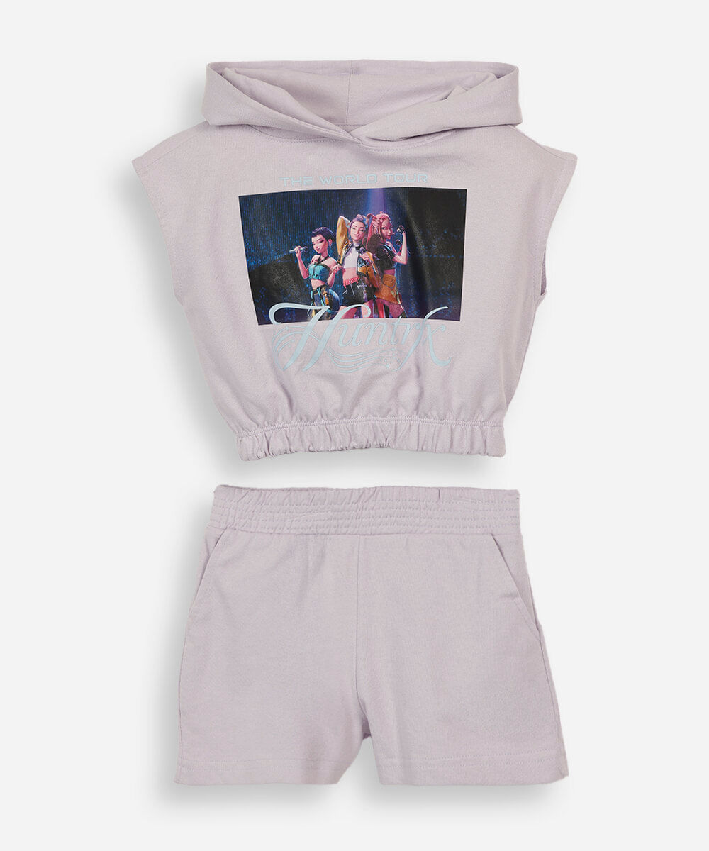 conjunto curto infantil com capuz guerreiras do kpop lilás