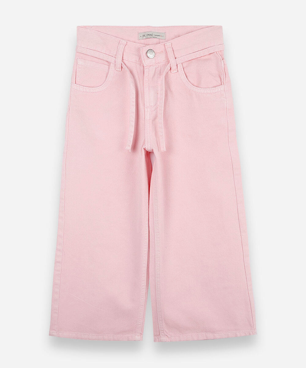 calça wide leg infantil de sarja com cordão rosa