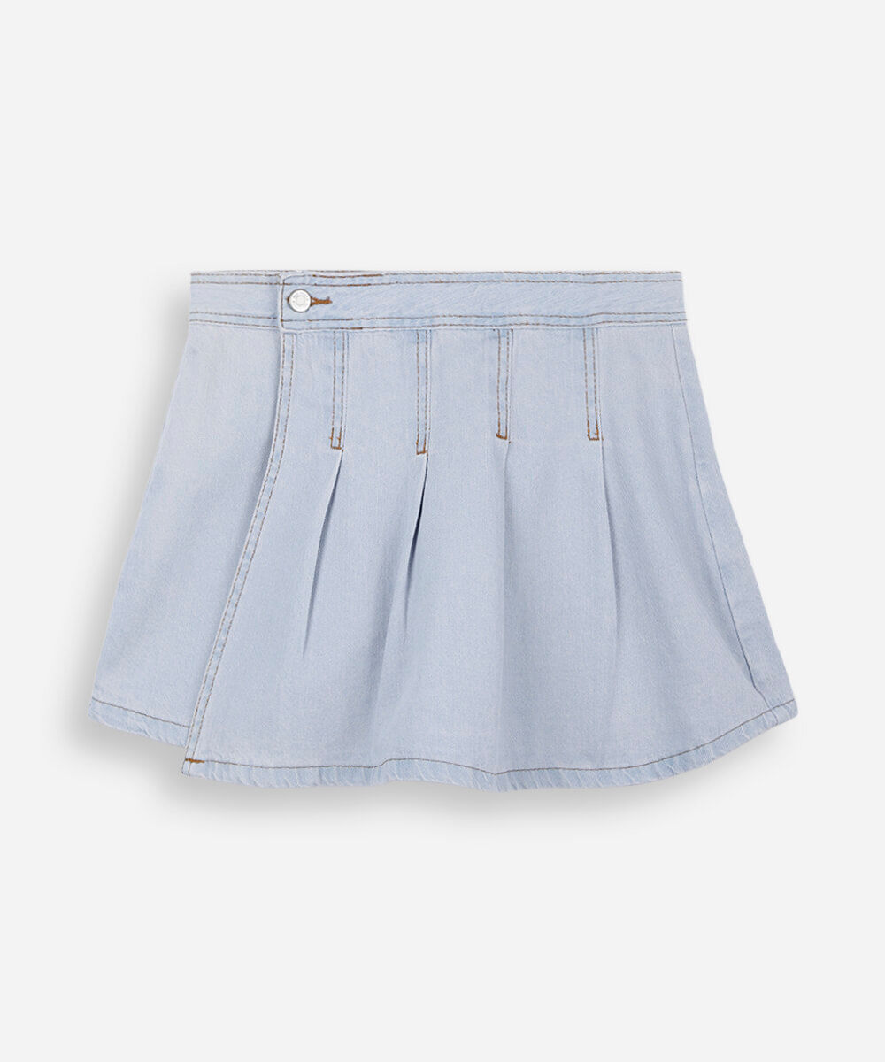 short saia juvenil jeans com pregas azul