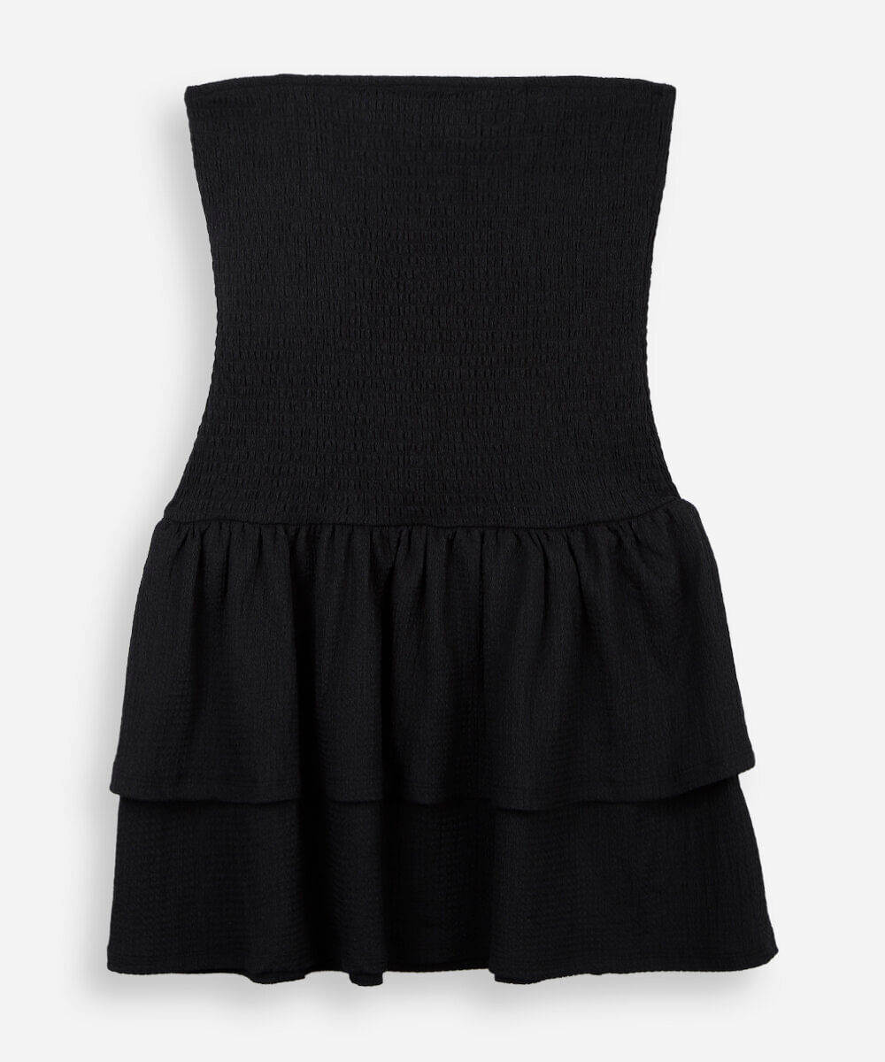 vestido sem alça juvenil com lastex e babado texturizado preto