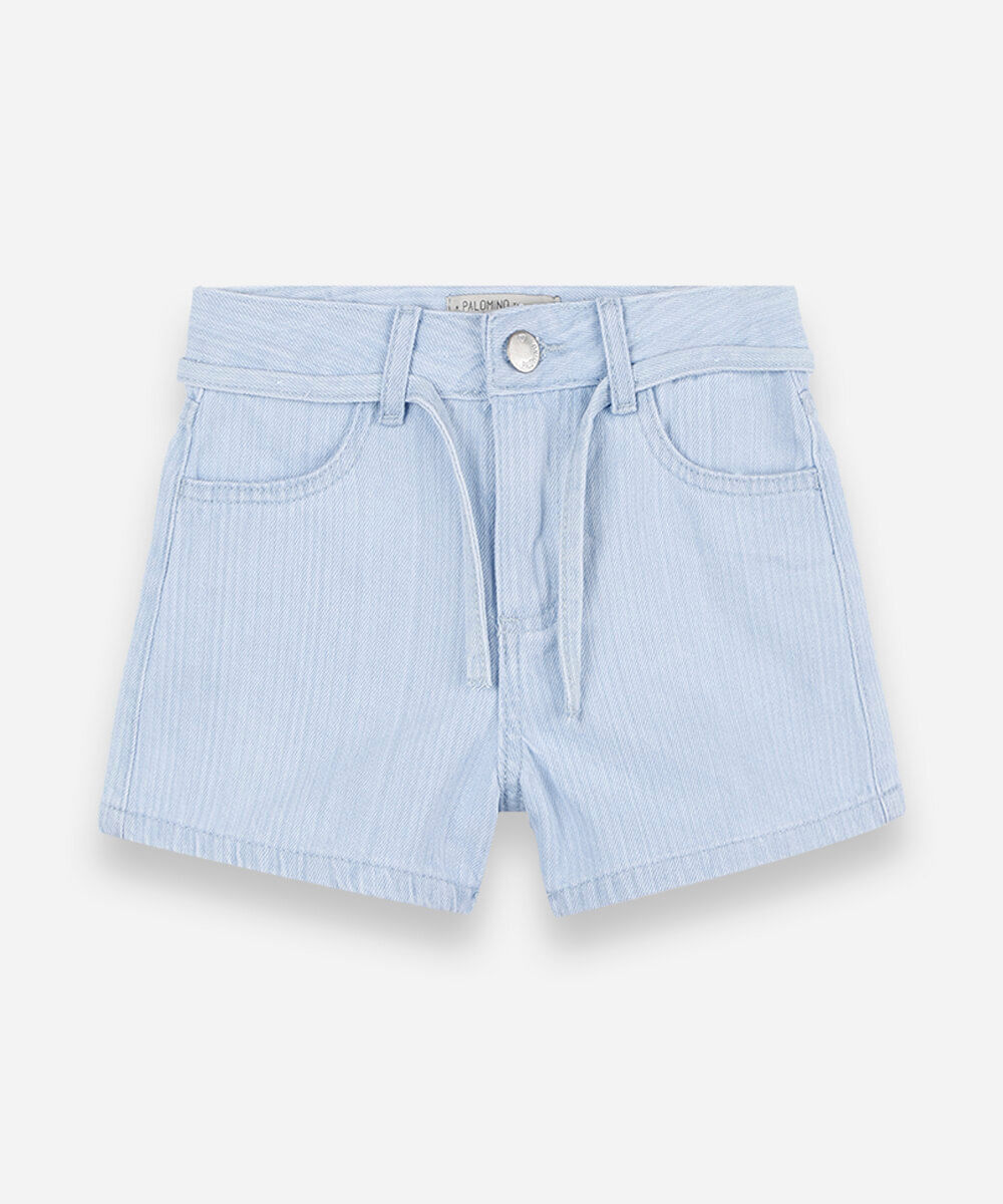 short mom infantil jeans com cordão listrado azul