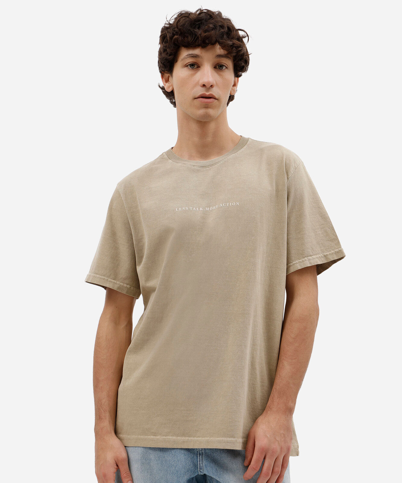 camiseta masculina de algodão manga curta estampada estonada bege