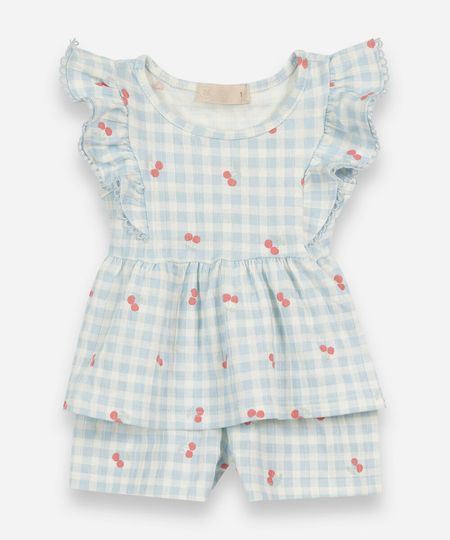 conjunto curto infantil de algodão com babados xadrez cerejas azul 2