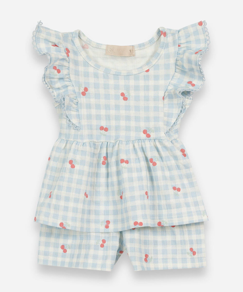 conjunto curto infantil de algodão com babados xadrez cerejas azul