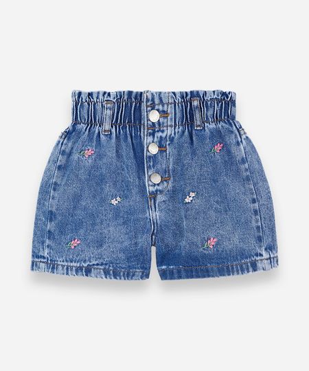short mom infantil jeans cós elástico com bordado floral azul 6