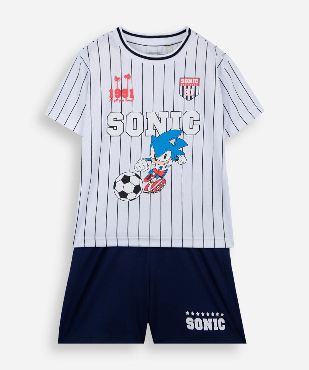 conjunto curto infantil manga curta listrado sonic branco
