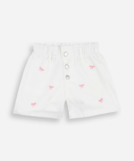 short infantil de sarja cós elástico bordado laços off white 6