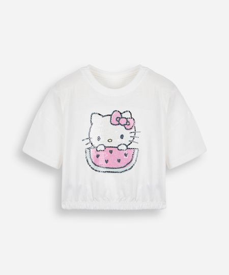 blusa cropped infantil de algodão manga curta com paetê hello kitty off white 8