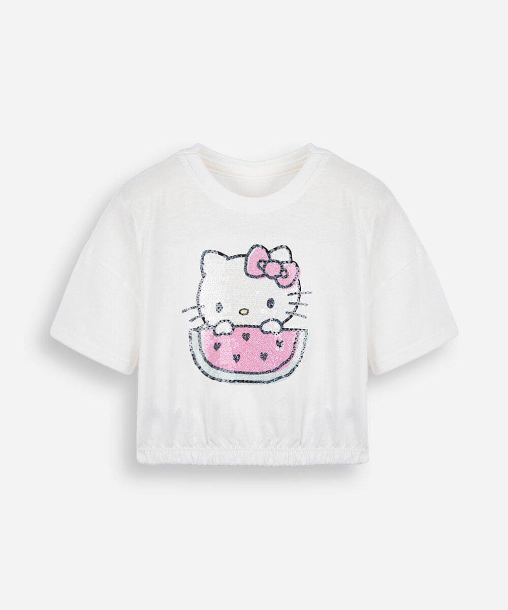blusa cropped infantil de algodão manga curta com paetê hello kitty off white