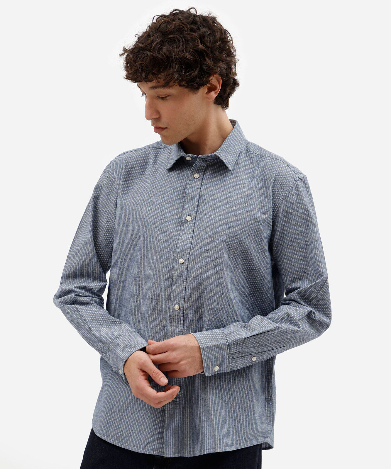 camisa masculina de algodão manga longa texturizada listrada azul