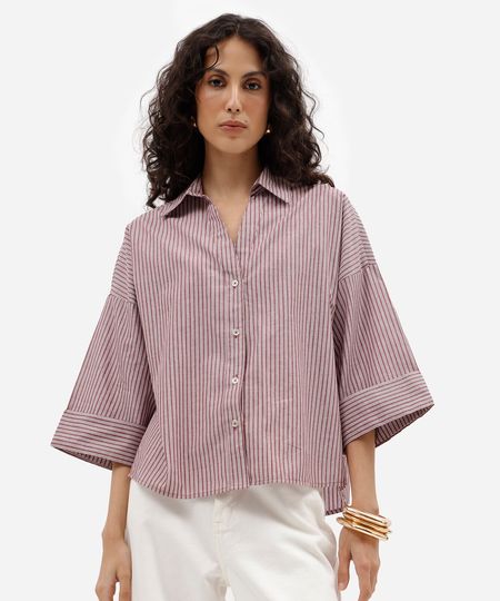camisa oversized feminina de algodão decote v manga longa listrada vinho PP