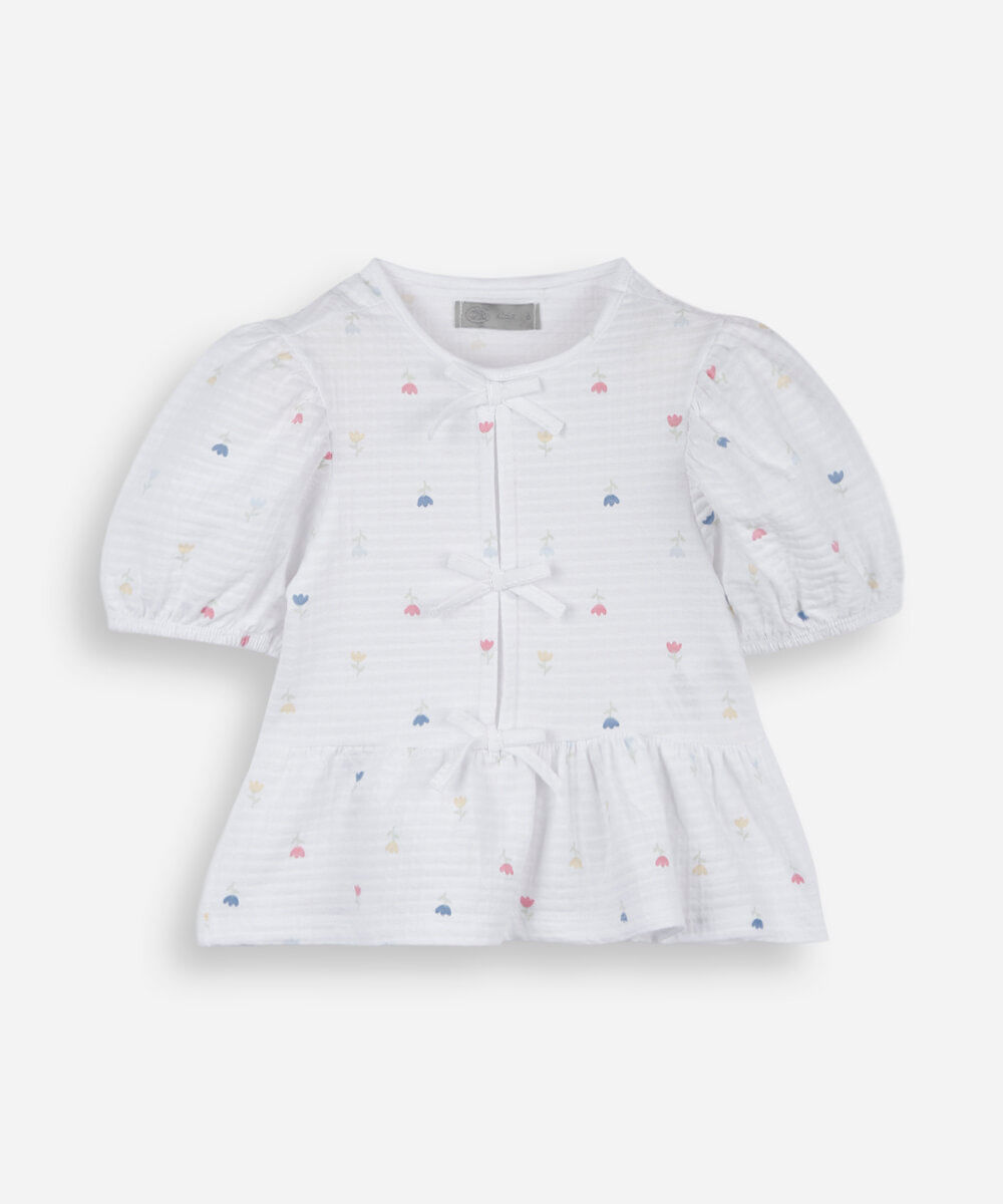 blusa peplum infantil de algodão manga curta com laços texturizada floral off wh