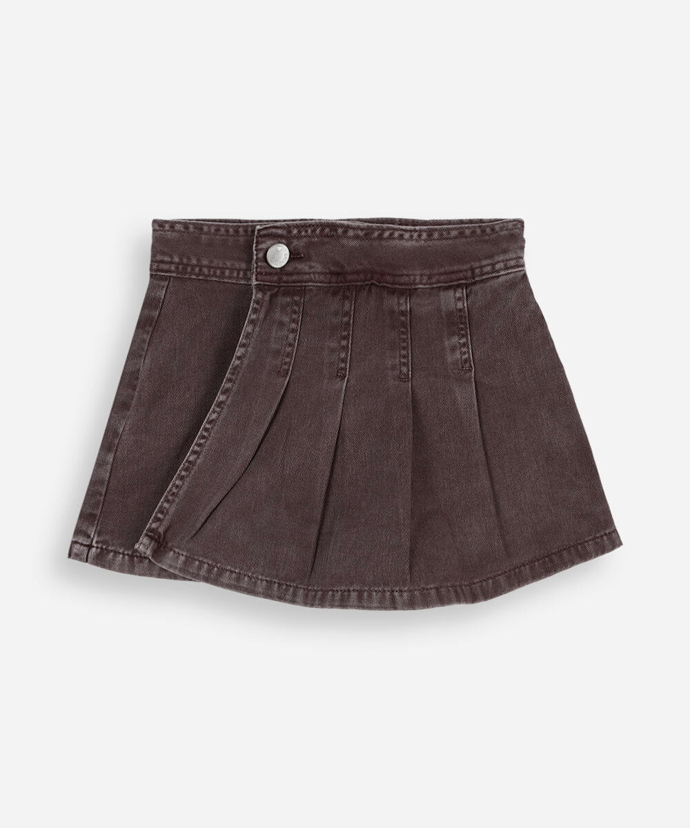 short saia infantil de sarja com pregas marrom