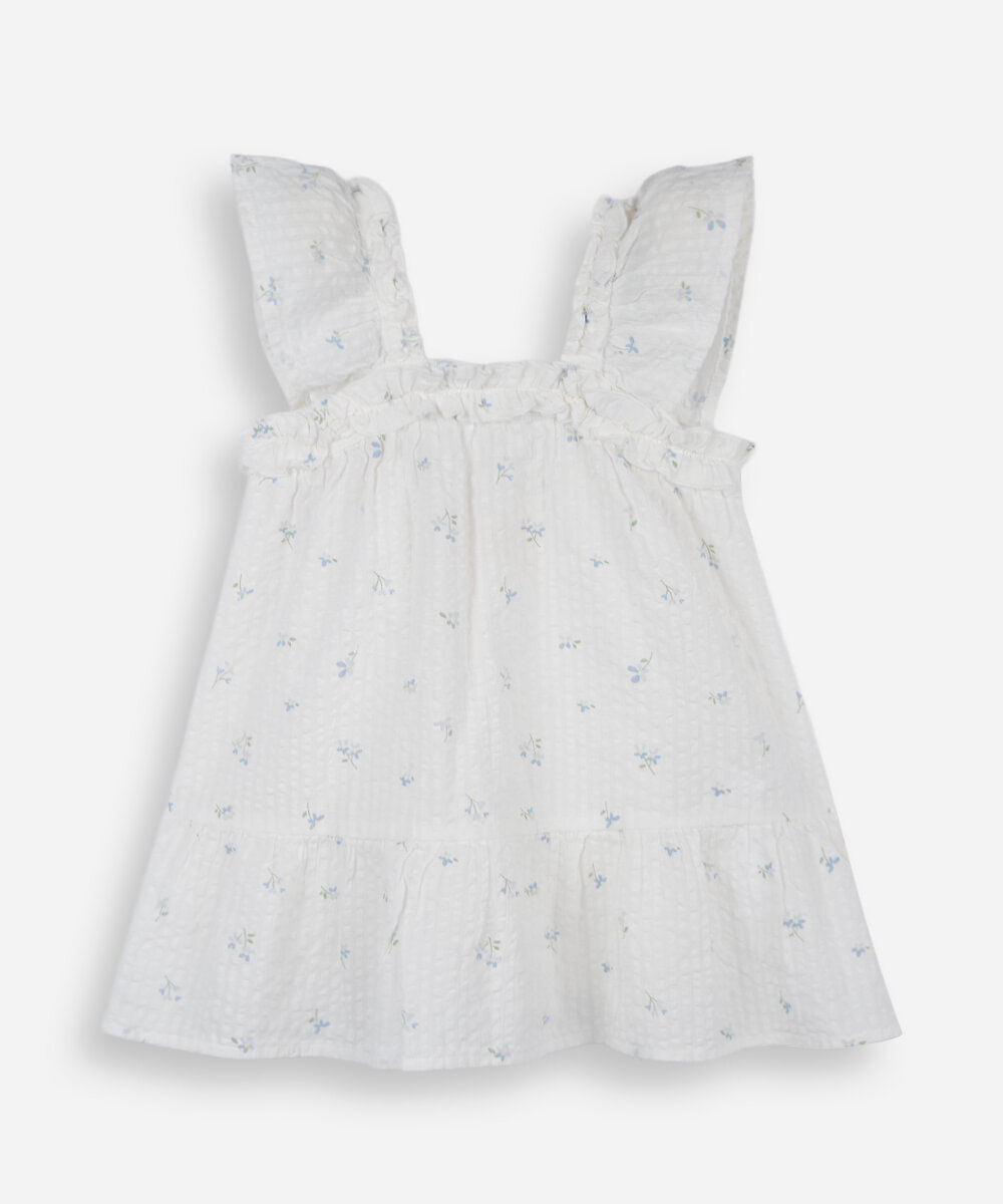 vestido infantil de algodão com babado e recorte floral off white