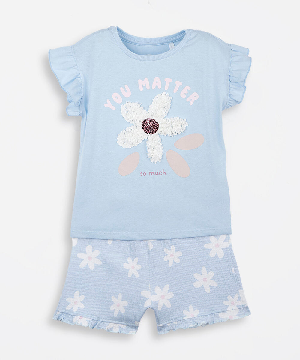 conjunto curto infantil texturizado margarida azul