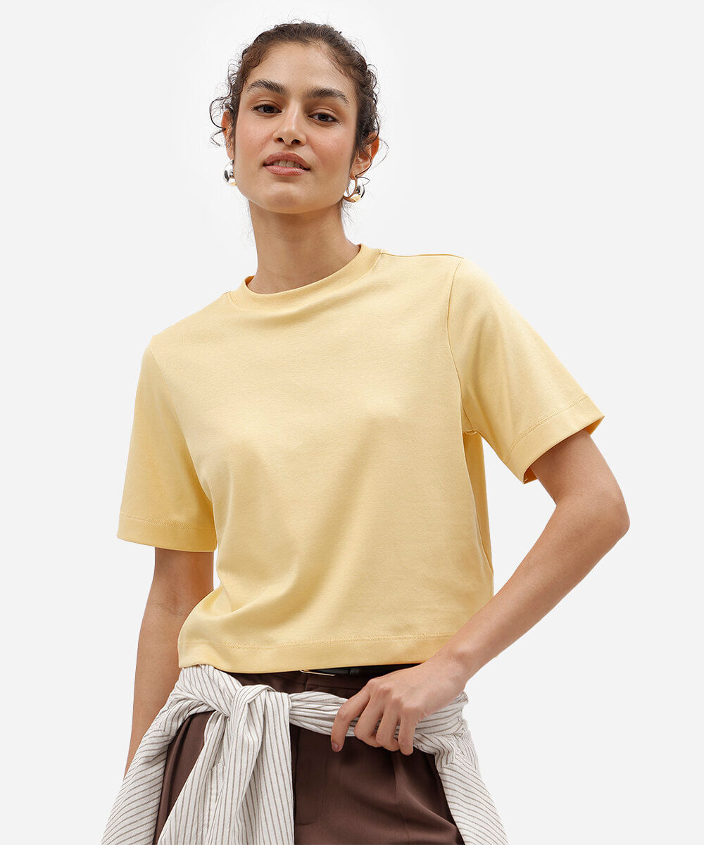camiseta básica feminina de algodão peruano amarela