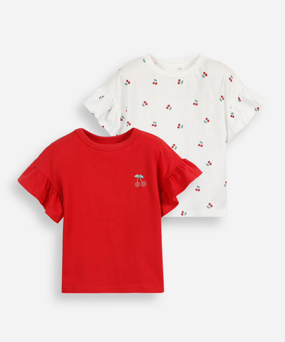 kit de 2 blusas infantis de algodão manga curta cerejas colorido