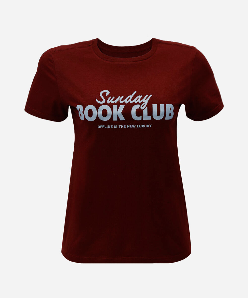 camiseta slim feminina de algodão manga curta estampada vinho