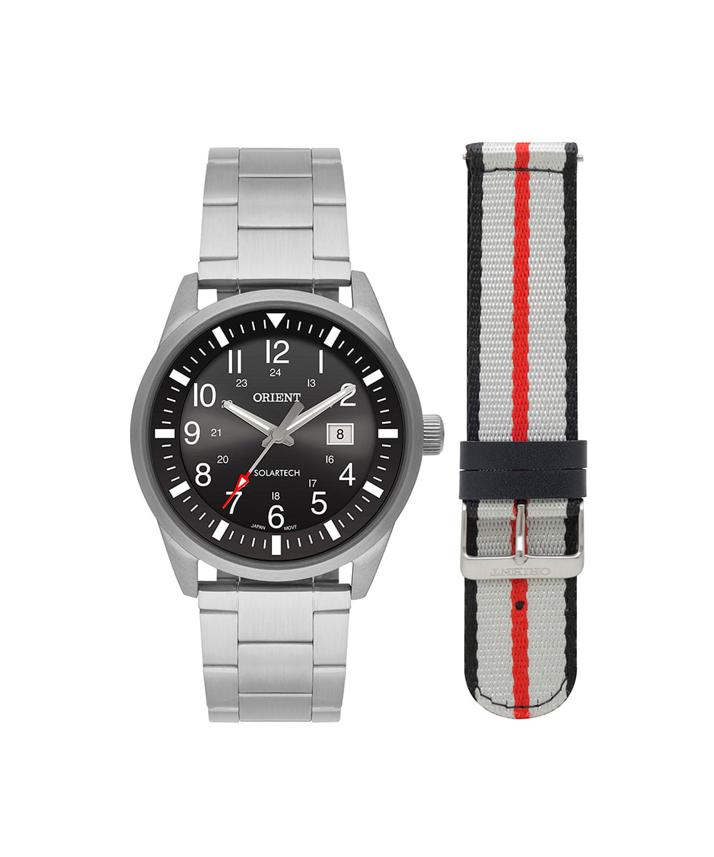 kit relógio masculino orient solartech analógico calendário mbss1451 p2sx pratea