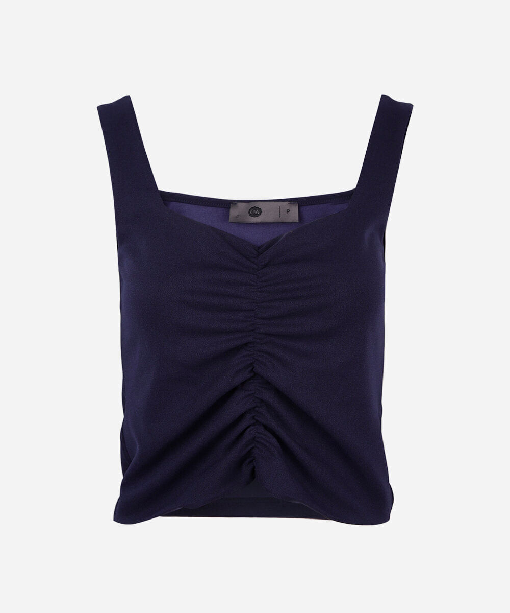 regata feminina decote quadrado franzida azul