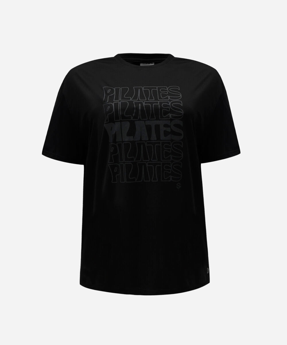 camiseta esportiva feminina manga curta estampada pilates preta