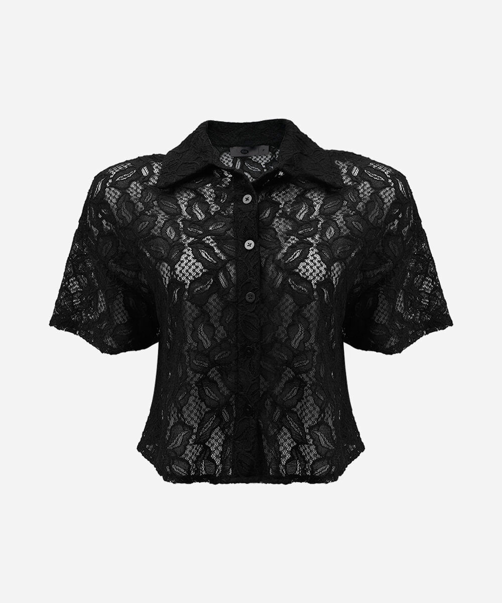 camisa cropped feminina de renda manga curta floral preta