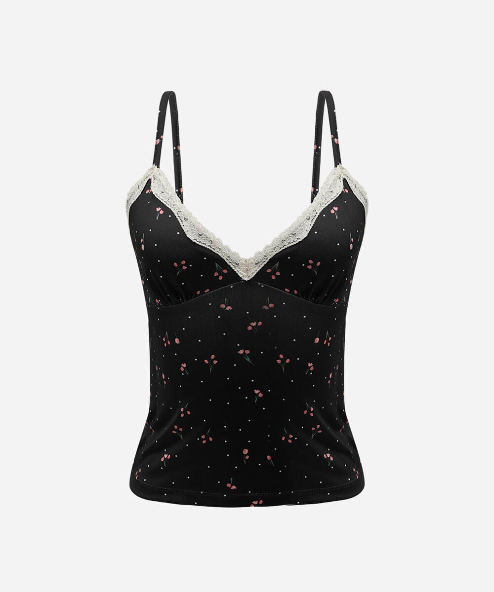 regata alça fina feminina com renda floral preta