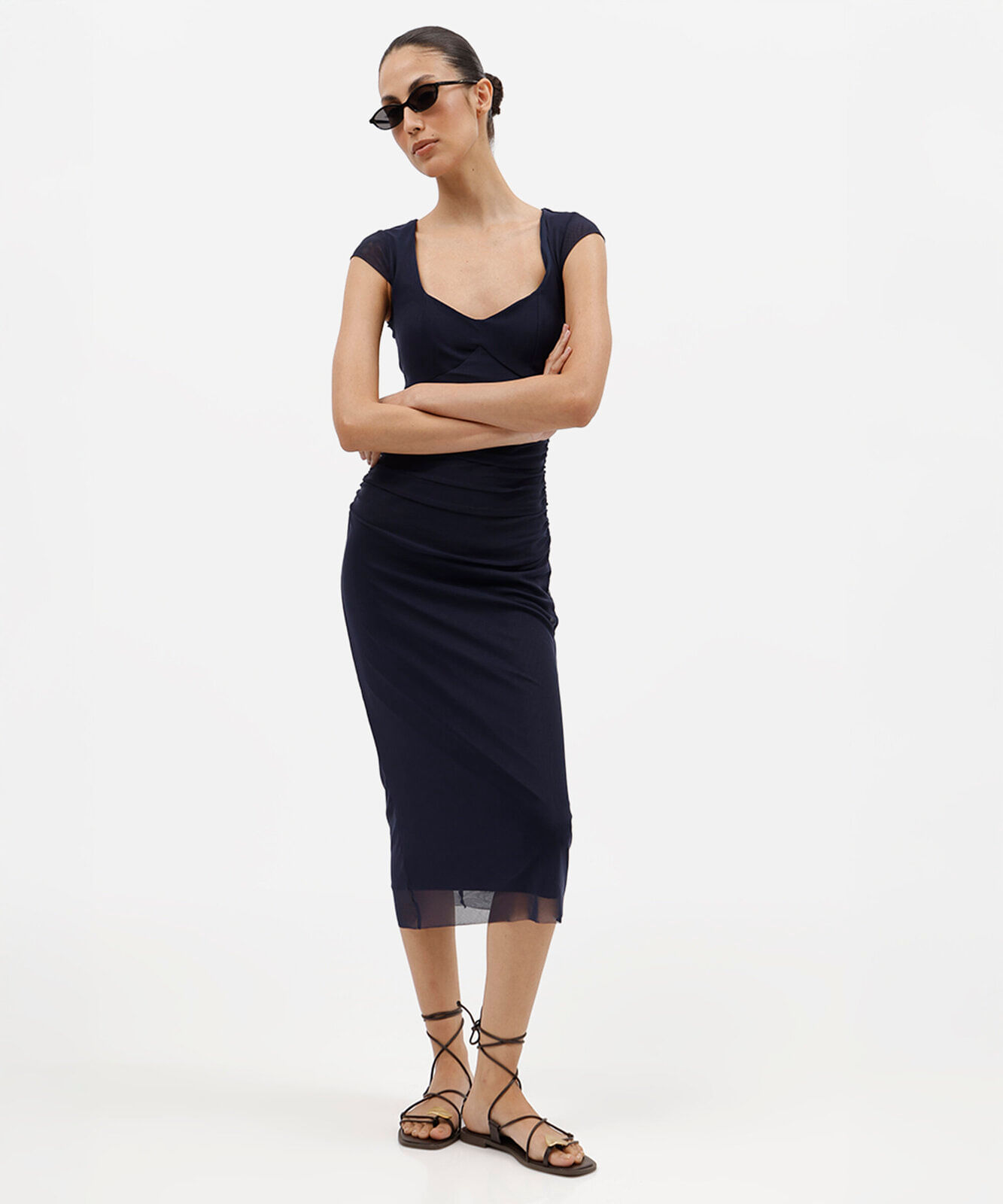 vestido midi feminino de tule manga curta franzido azul