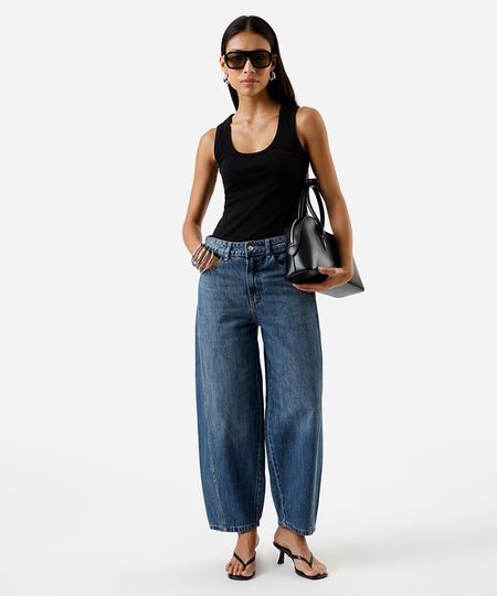 calça barrel feminina jeans cintura média azul 34