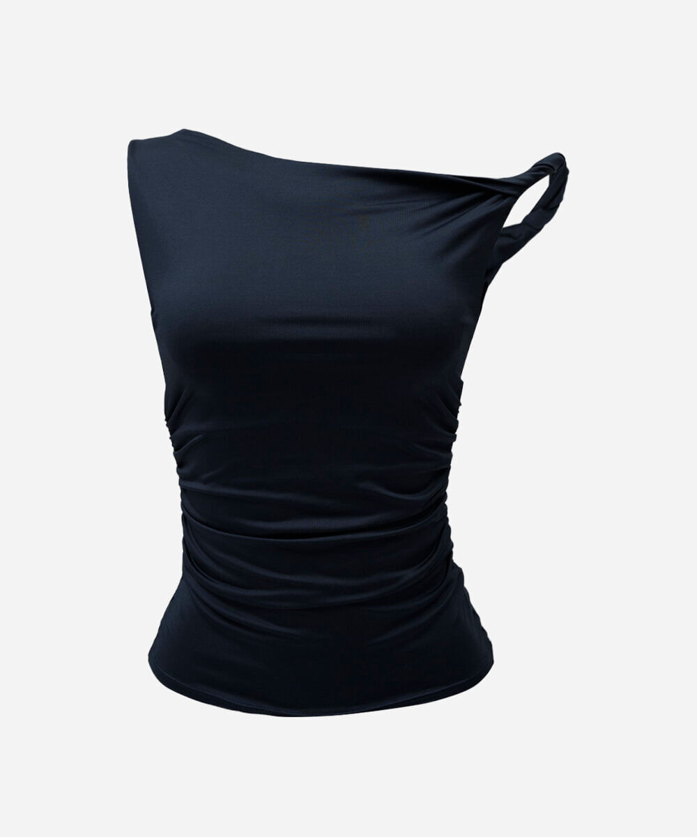 blusa feminina assimétrica franzida azul