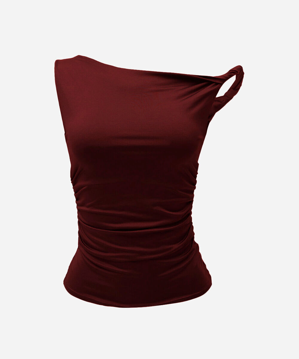 blusa feminina assimétrica franzida vinho
