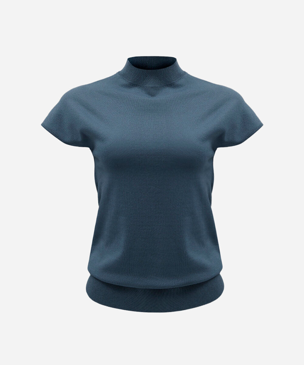 blusa feminina de tricot gola alta manga curta azul