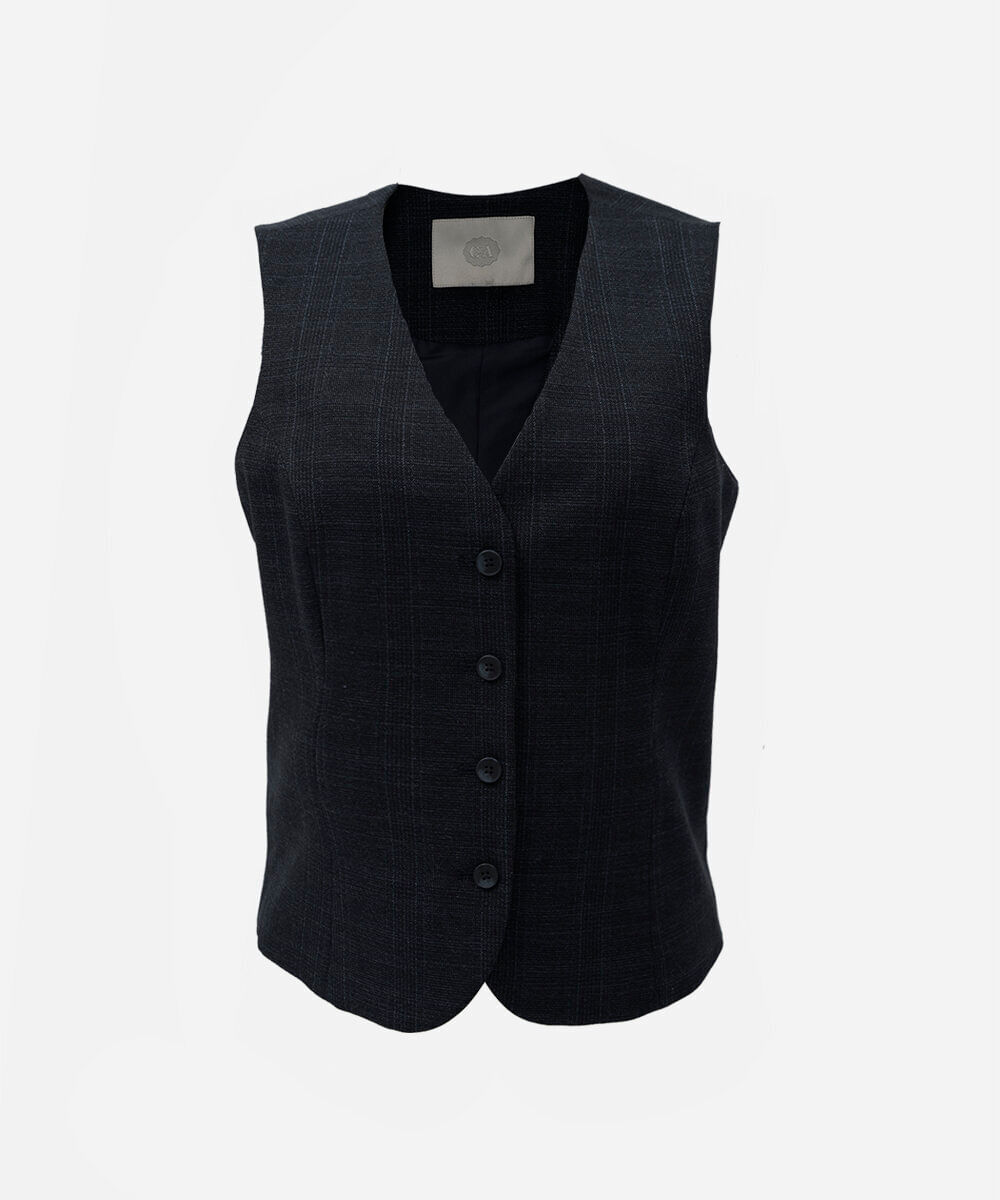 colete de alfaiataria feminino decote v xadrez azul